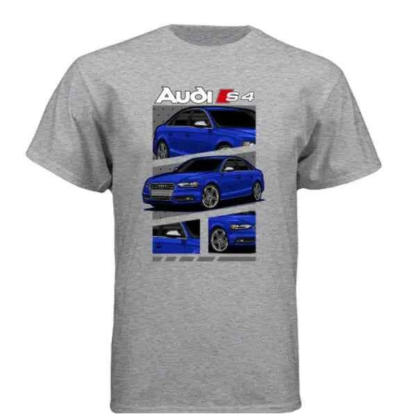 Grey t-shirt featuring blue Audi S4 car graphic and bold text design on front.