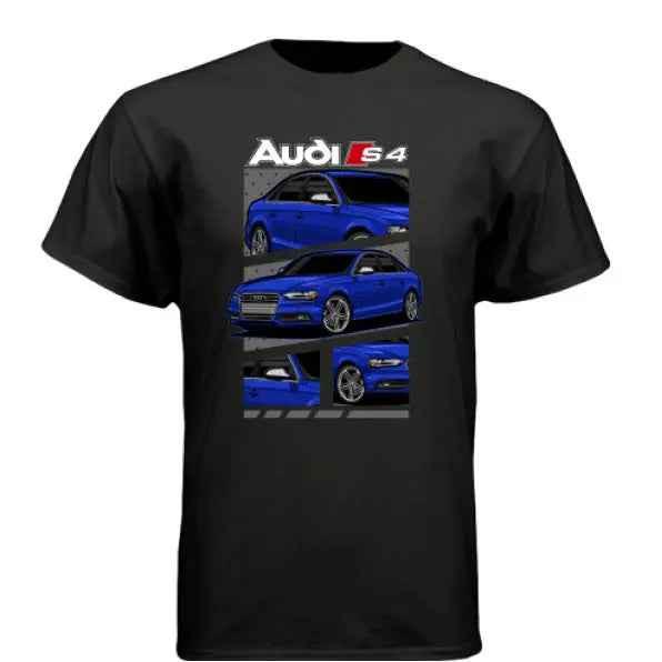 Black shirt with blue Audi S4 car graphic and text, automotive enthusiast apparel