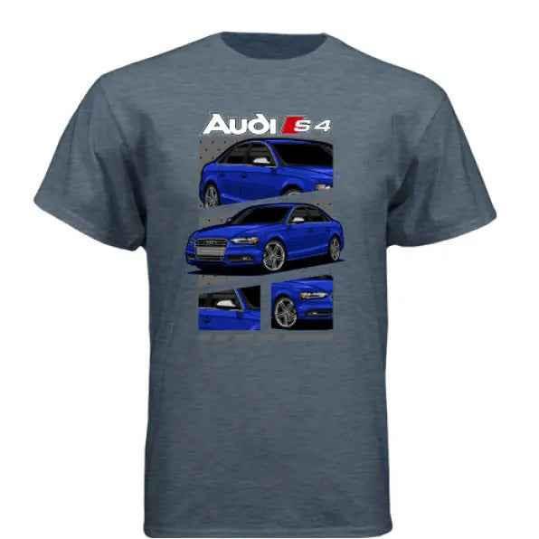 Gray T-shirt with blue Audi S4 car graphics and Audi S4 logo design on chest