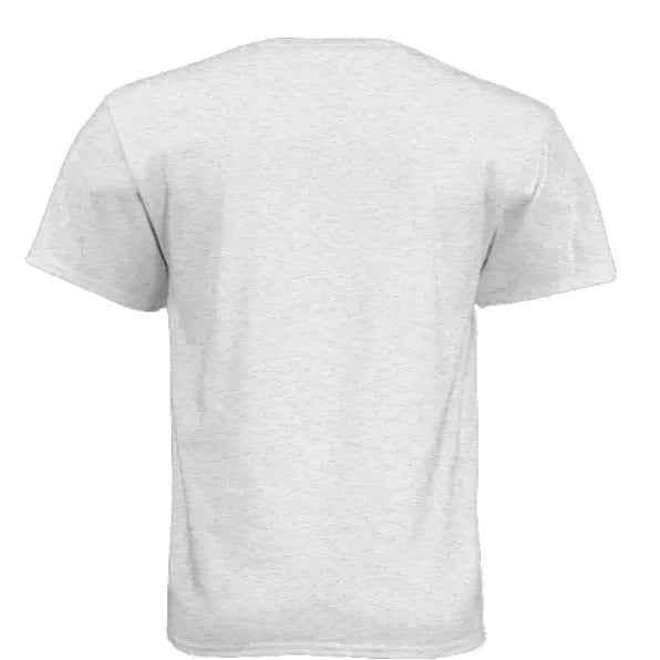 Back view of plain light grey short sleeve t-shirt on white background