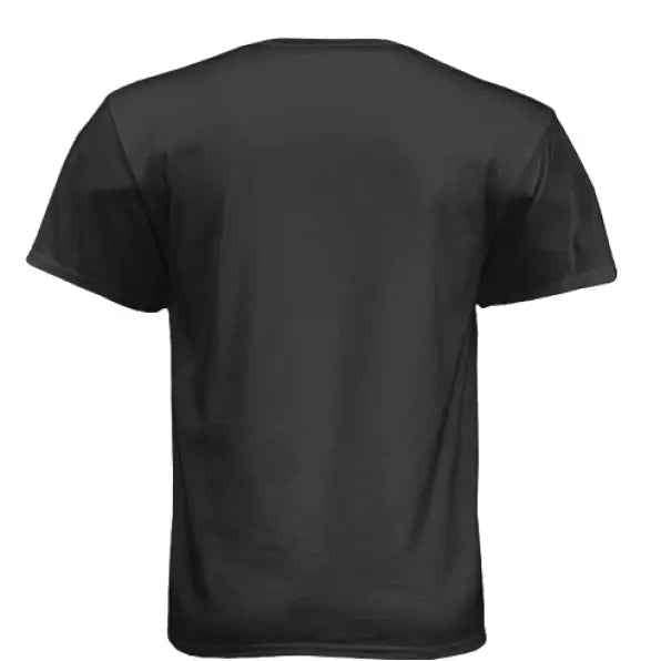plain black short sleeve t-shirt back view on white background