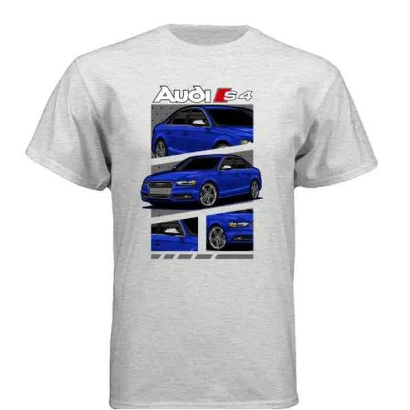 Grey T-shirt featuring blue Audi S4 graphic with close-up car details and bold text.
