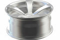 Silver alloy wheel rim with five spokes, performance car part on white background