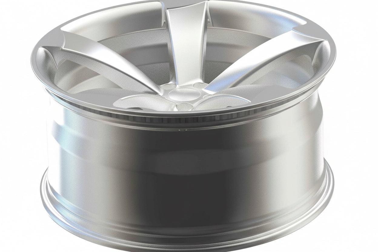 Silver alloy wheel rim with five spokes, performance car part on white background