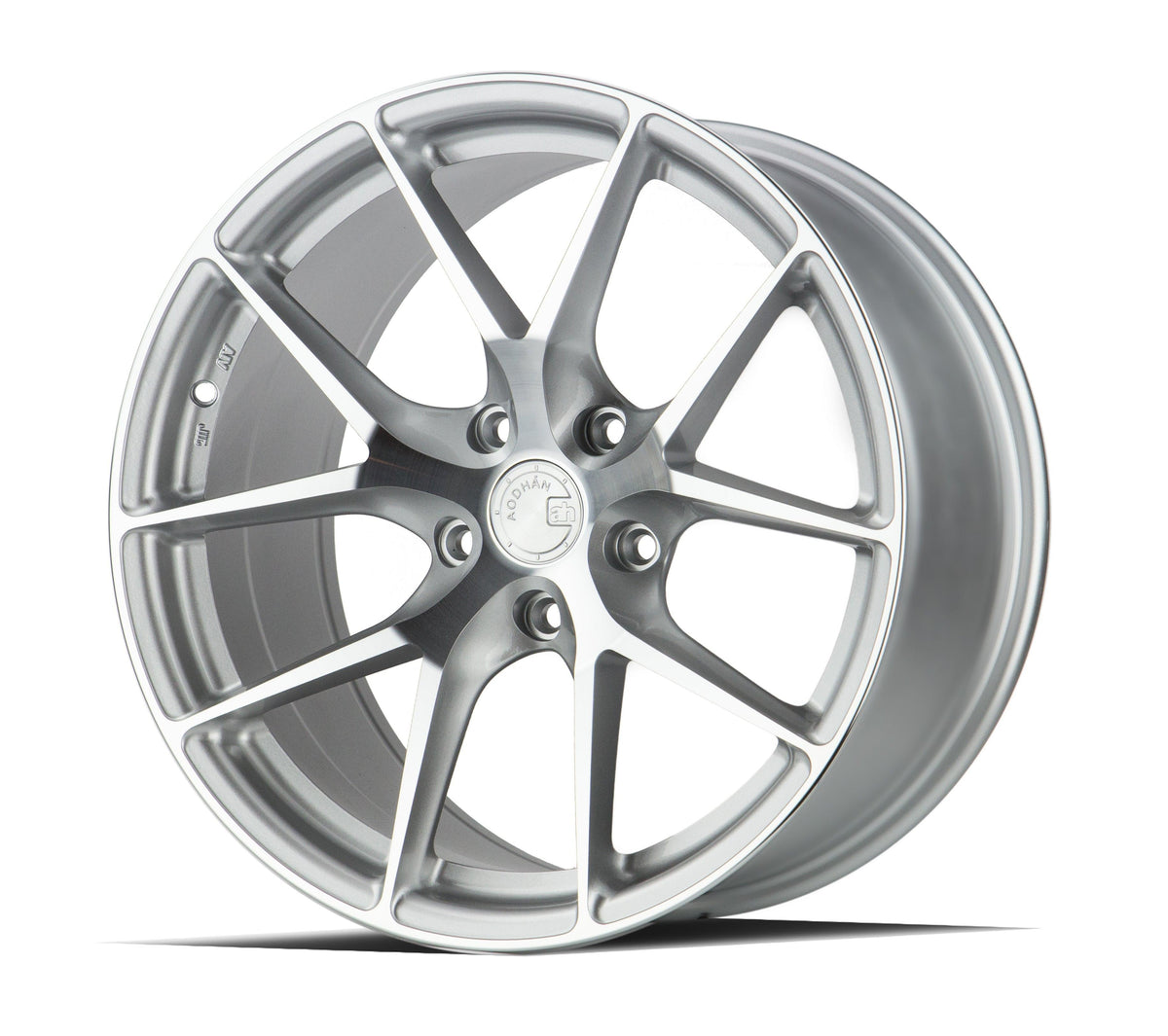 Silver Aodhan AFF7 18x8 wheels with 5x112 bolt pattern and machined face design, shown from a side angle.