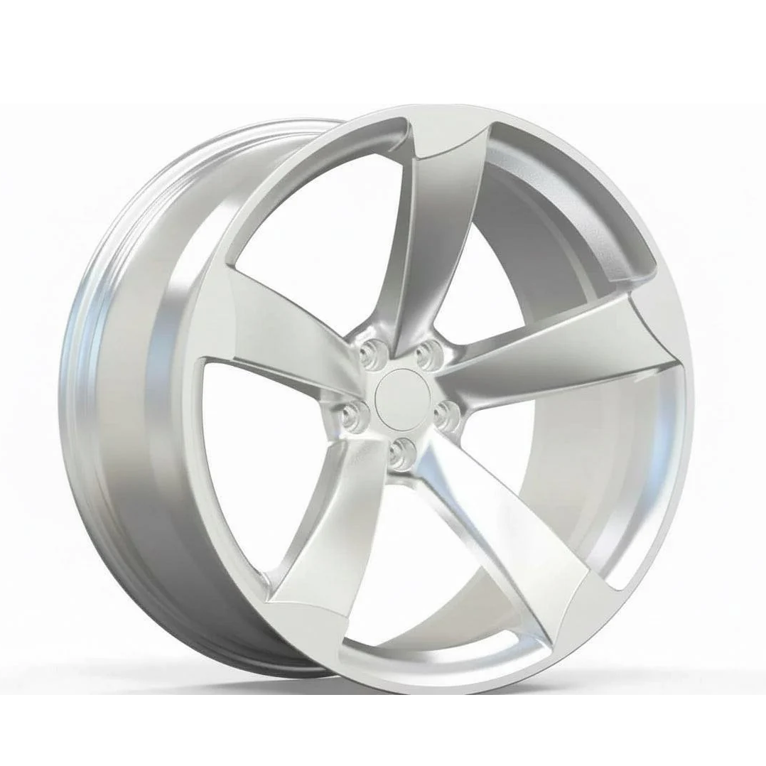 Silver Audi RS5 forged rotor wheel with five split spokes, isolated on white
