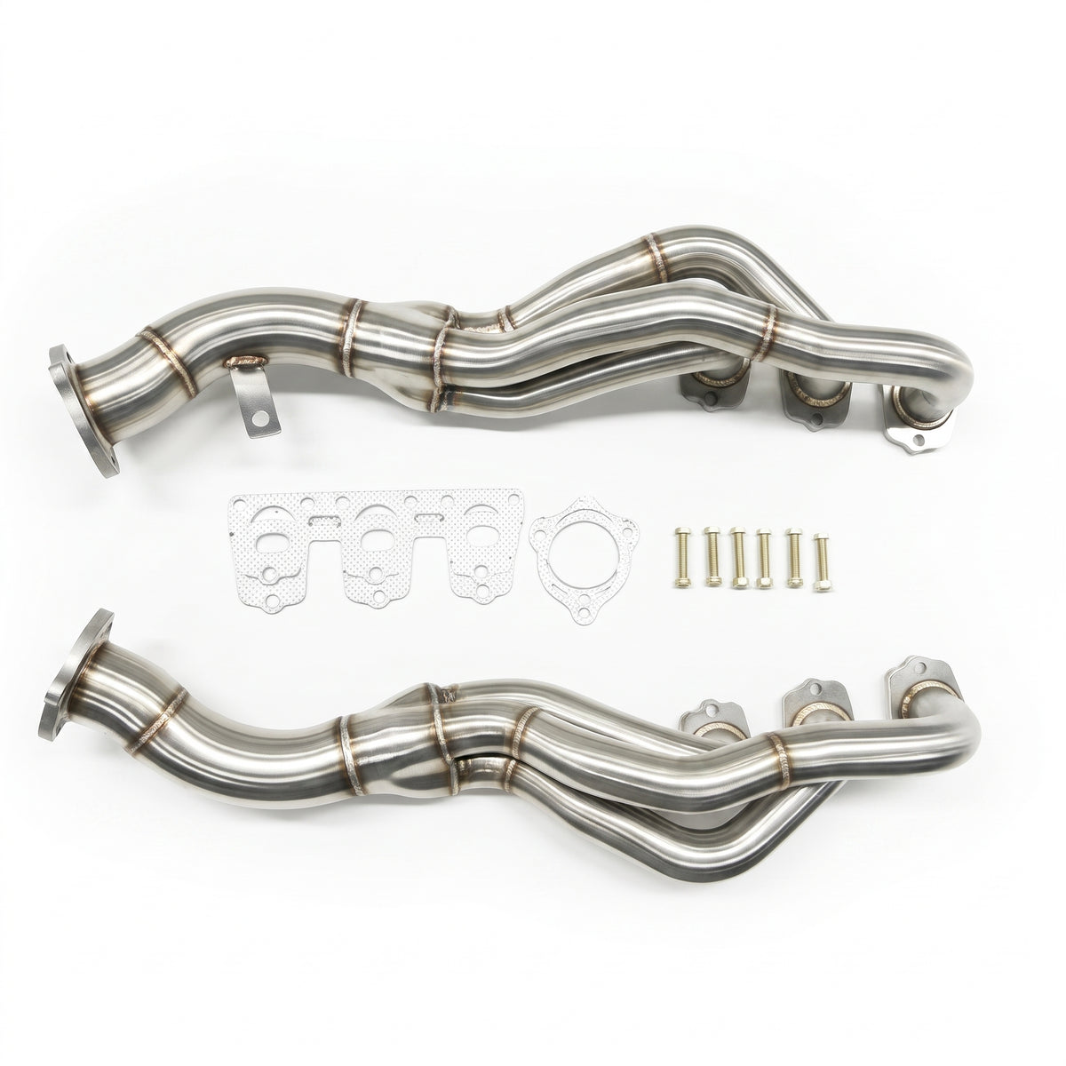 A pair of stainless steel exhaust headers with matching gaskets, washers, and mounting hardware, displayed on a clean white background.