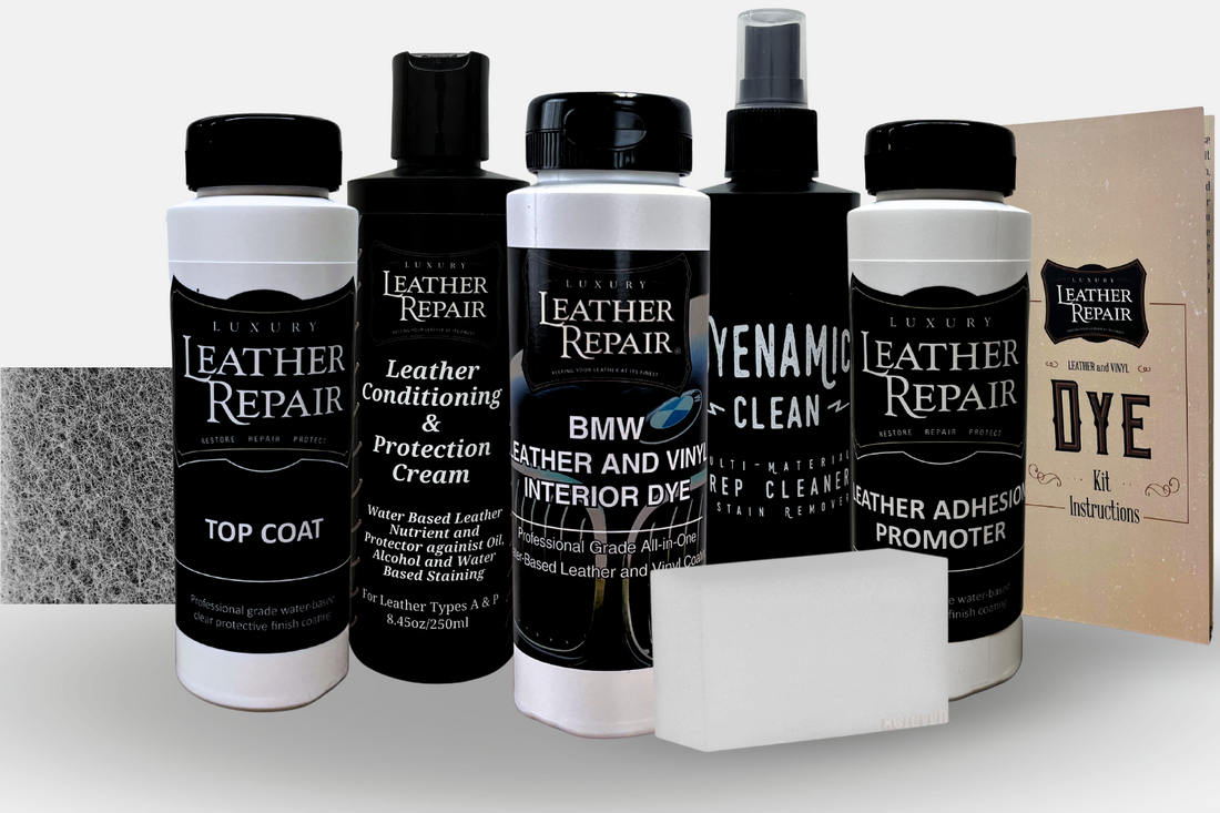 BMW interior dye kit by Auto Leather Dye for color changes, featuring BMW Soft Feel leather finish and application tools.
