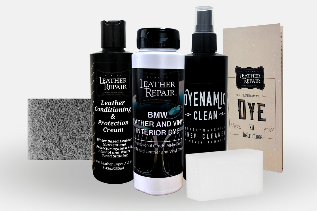 BMW leather and vinyl interior dye kit by Auto Leather Dye featuring BMW Soft Feel for restoring and coloring vehicle interior surfaces.
