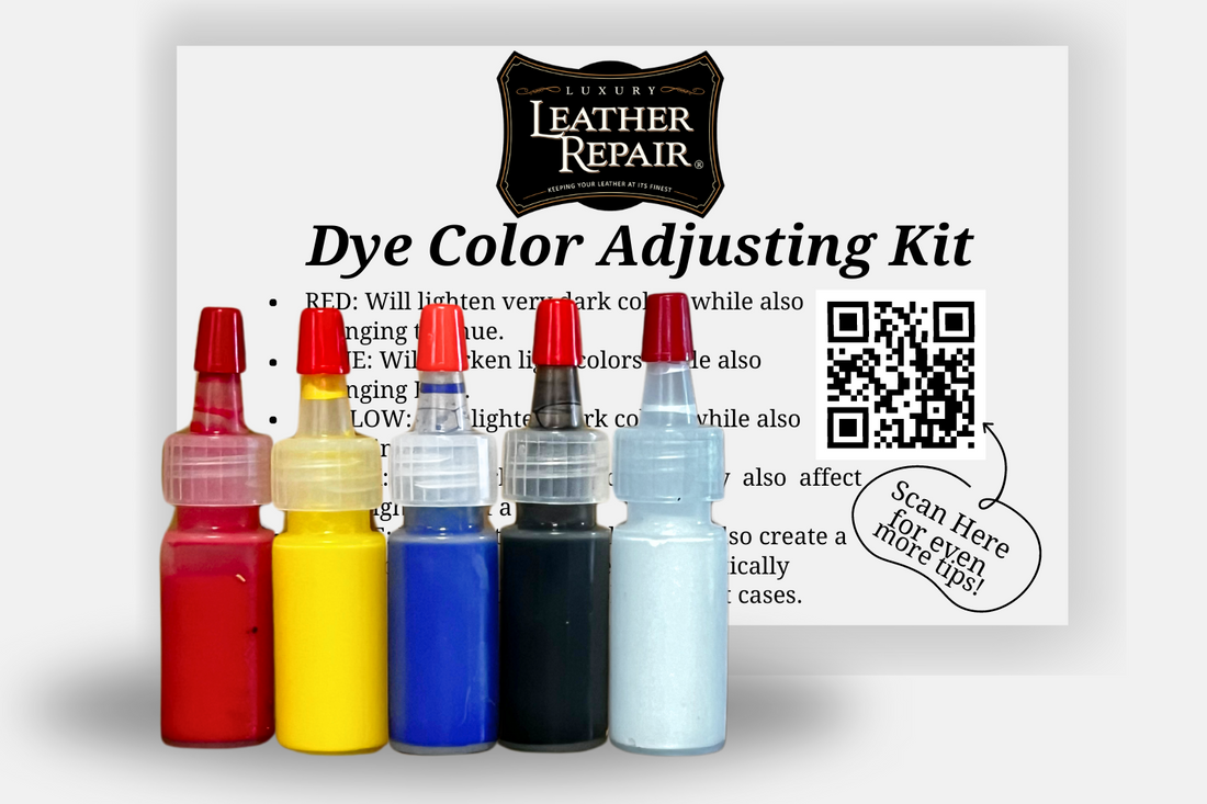 Auto Leather Dye Leather and Vinyl Dye Color Adjusting Kit with bottles of dye and color mixing tools for custom color matching.