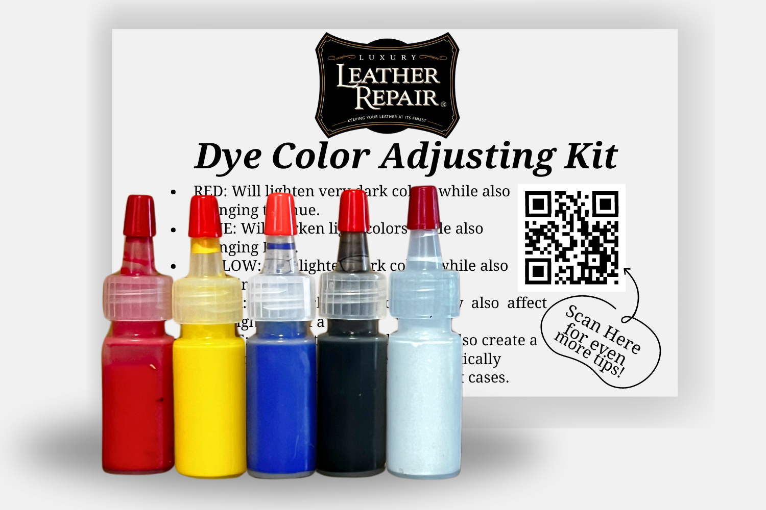 Auto Leather Dye Leather and Vinyl Dye Color Adjusting Kit with bottles of dye and color mixing tools for custom color matching.