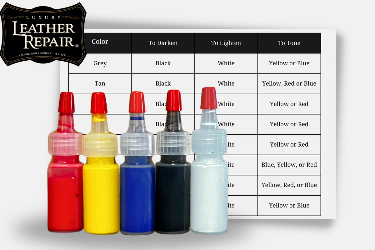 Auto Leather Dye color adjusting kit with leather and vinyl dye bottles and applicator tools for custom color matching.