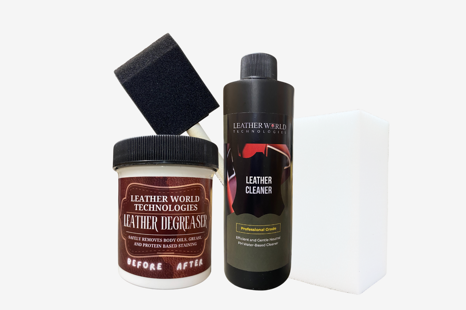 Auto Leather Dye leather degreaser cleaning kit with spray bottles for removing body oils and armrest stains from leather surfaces.