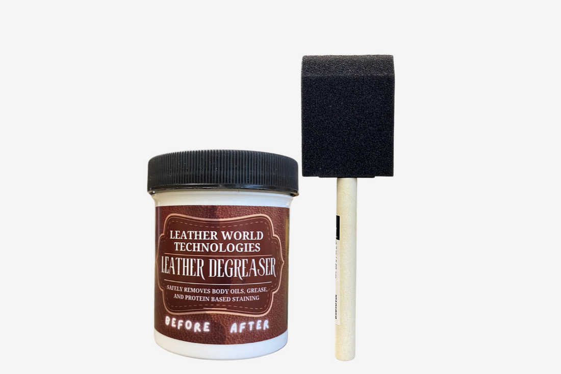 Auto Leather Dye leather degreaser for body oils and armrest stains, featuring spray bottle and cleaning cloth.