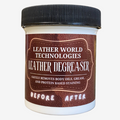 Auto Leather Dye leather degreaser for body oils and armrest stains, showing a spray bottle with cleaning solution on leather surface.