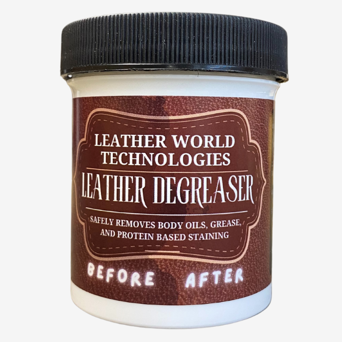 Auto Leather Dye leather degreaser for body oils and armrest stains, showing a spray bottle with cleaning solution on leather surface.