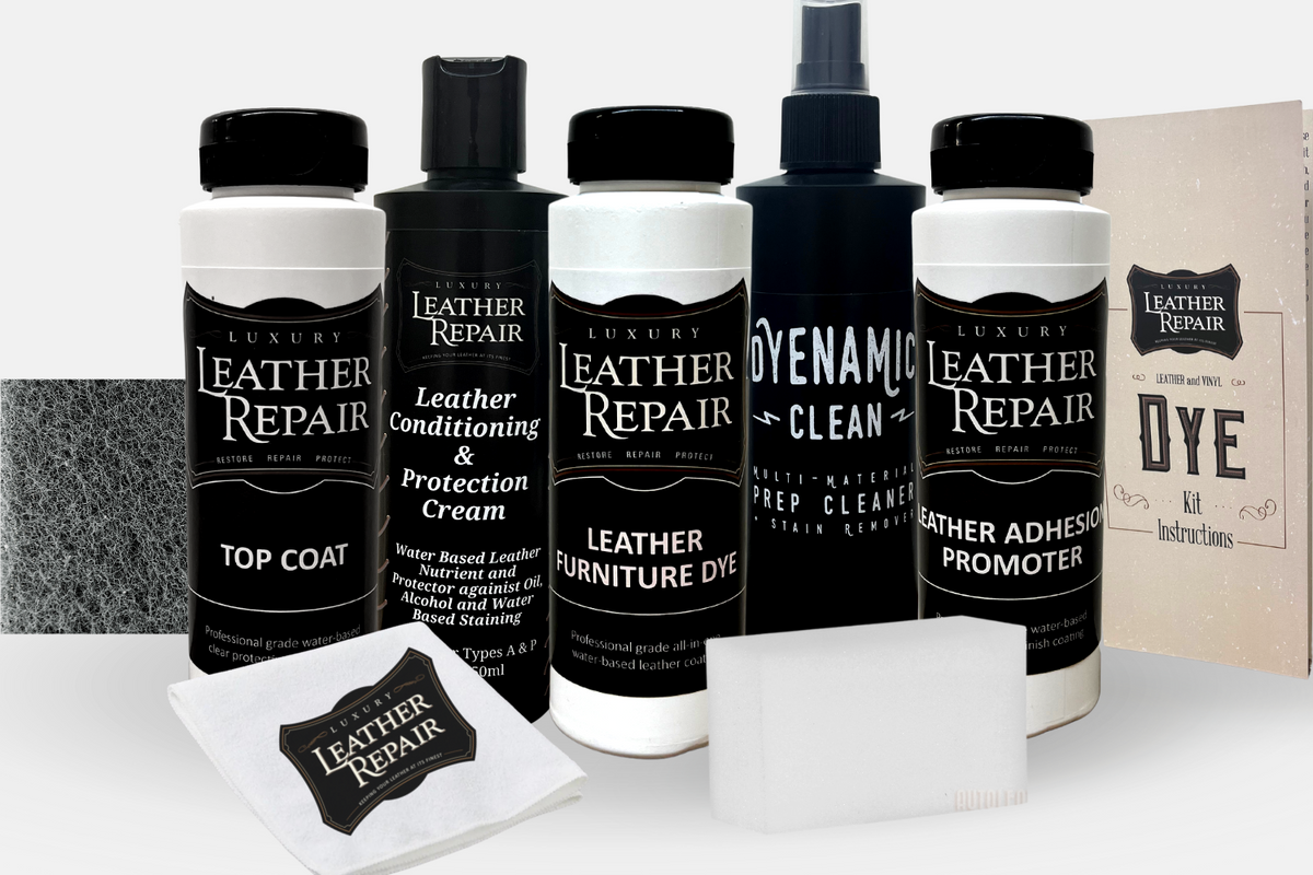 Auto Leather Dye kit for color changes, includes leather and vinyl dye bottles for restoring and customizing vehicle interior colors.