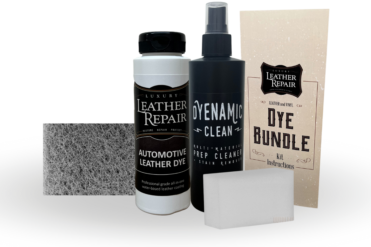 Auto Leather Dye Leather & Vinyl Prep and Dye Bundle showing bottles and applicators for leather and vinyl restoration.