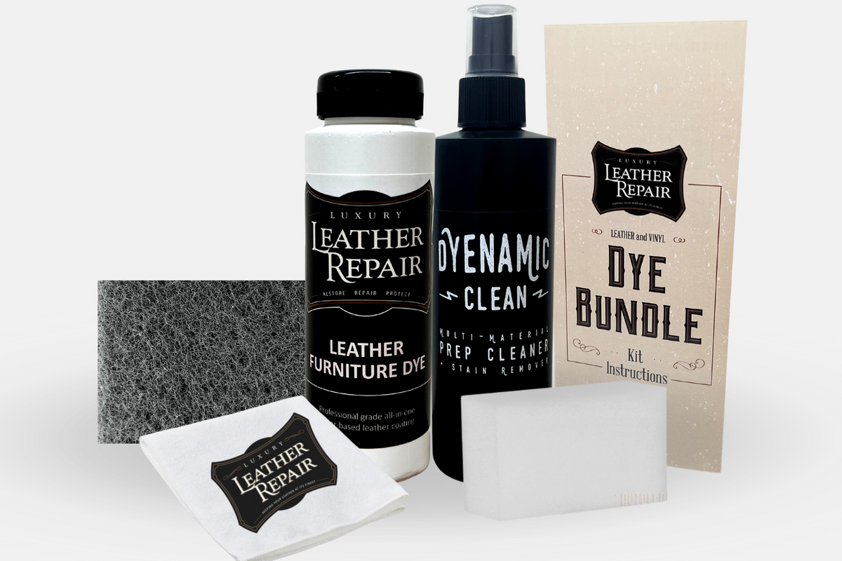 Auto Leather Dye bundle with leather and vinyl dyes, perfect for restoring and coloring furniture and automotive interiors.