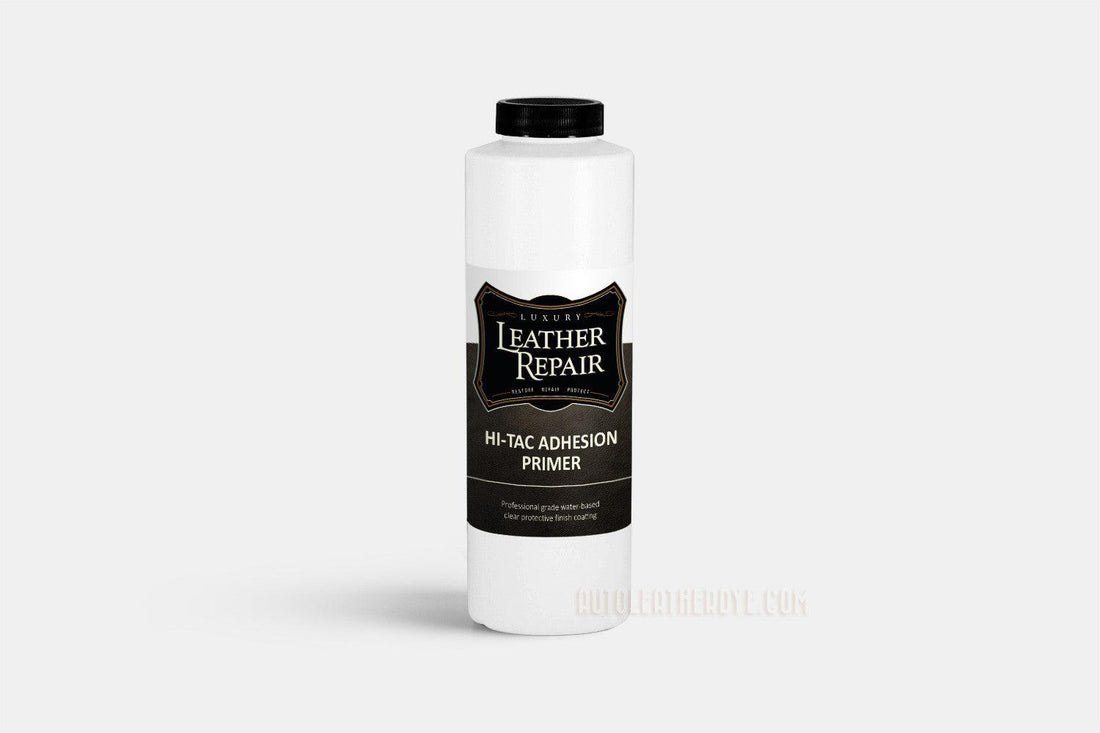 Auto Leather Dye Super Hi-Tac Adhesion Promoter and Primer for leather, vinyl, and plastic surfaces in an 8oz bottle.