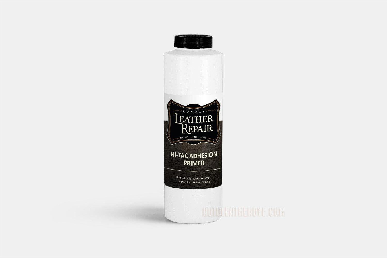 Auto Leather Dye Super Hi-Tac Adhesion Promoter and Primer for leather, vinyl, and plastic surfaces in an 8oz bottle.
