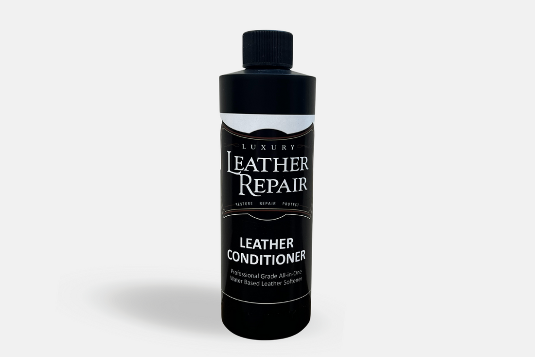 Auto Leather Dye Leather Conditioner 8oz bottle showing smooth leather surface and application nozzle for conditioning and care.