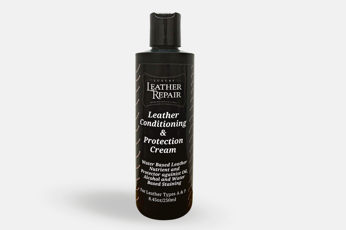 Auto Leather Dye Leather Conditioner and Protector cream in 8oz jar, used for conditioning and protecting leather surfaces.