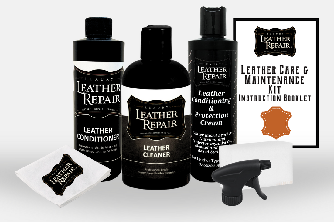 Auto Leather Dye Complete Leather Care and Maintenance Kit with cleaning and conditioning products for leather furniture and car seats.