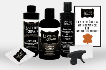 Auto Leather Dye Complete Leather Care and Maintenance Kit with cleaning and conditioning products for leather furniture and car seats.