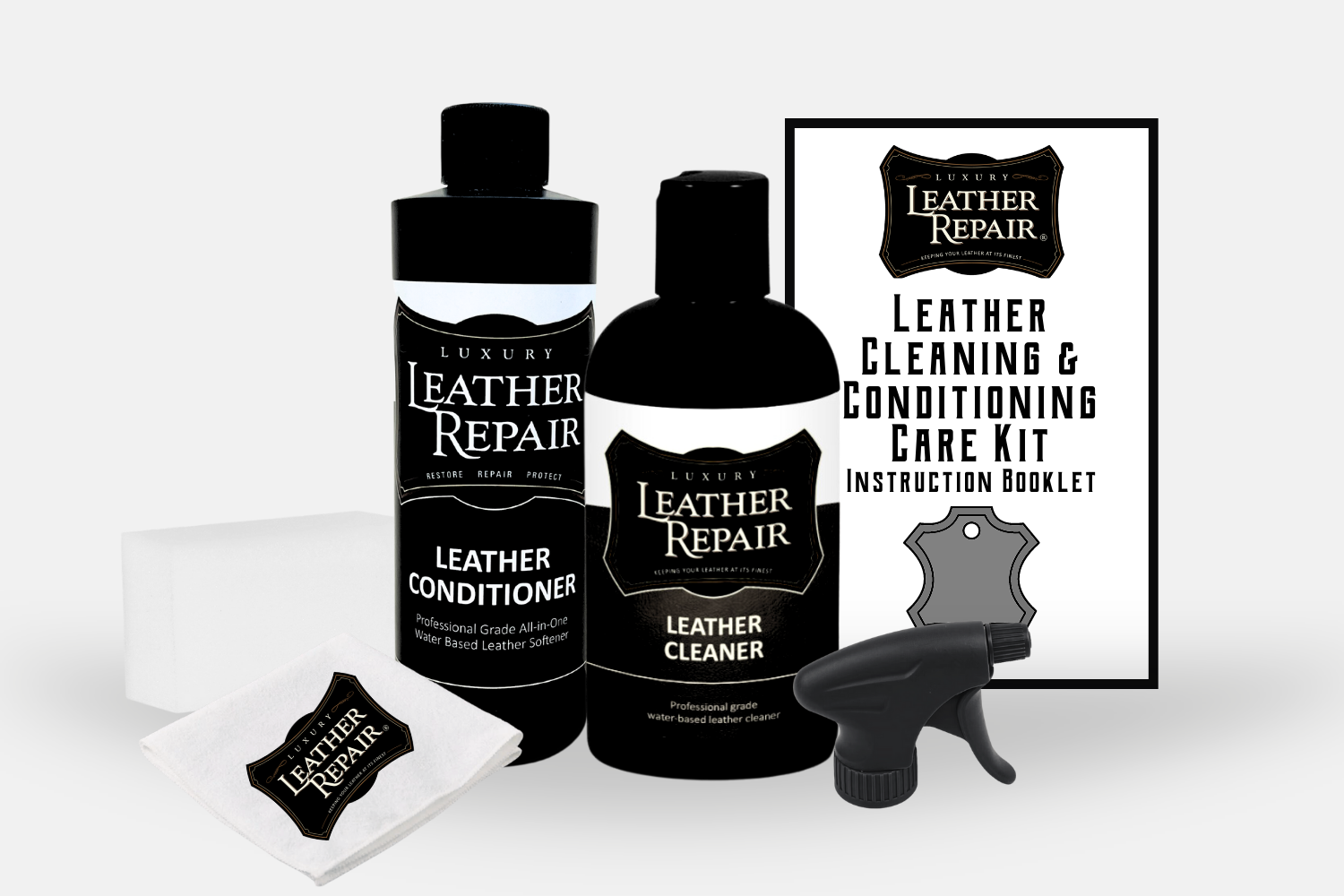 Auto Leather Dye leather cleaning and conditioning care kit for maintaining and restoring leather furniture and car seats.