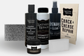 Auto Leather Dye Leather & Vinyl Crack and Crease Repair Kit showing tools and damaged leather surface for repair.