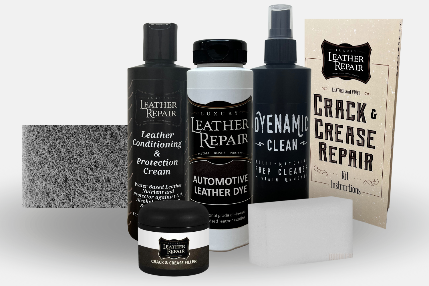 Auto Leather Dye Leather & Vinyl Crack and Crease Repair Kit showing tools and damaged leather surface for repair.