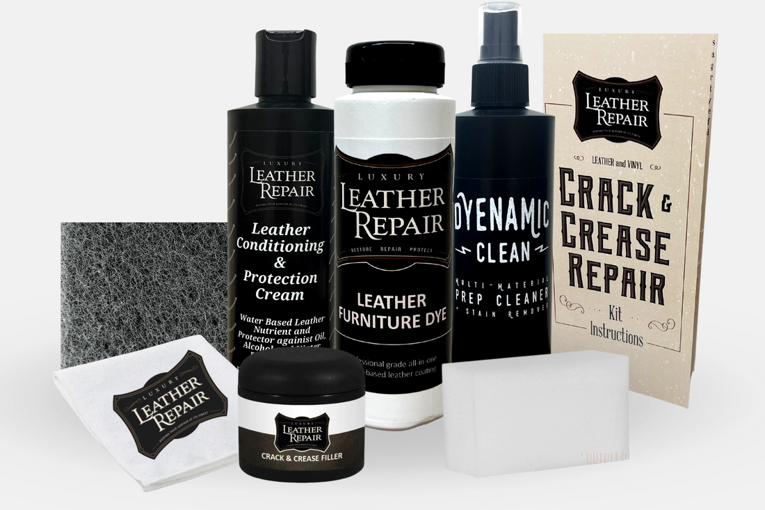 Leather and vinyl crack and crease repair kit by Auto Leather Dye, featuring tools and dye for restoring damaged leather and vinyl surfaces.