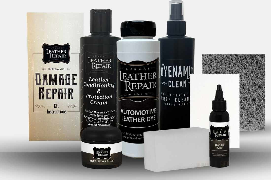 Auto Leather Dye Leather & Vinyl Damage Repair Kit showing repair tools and materials for fixing leather and vinyl surfaces.