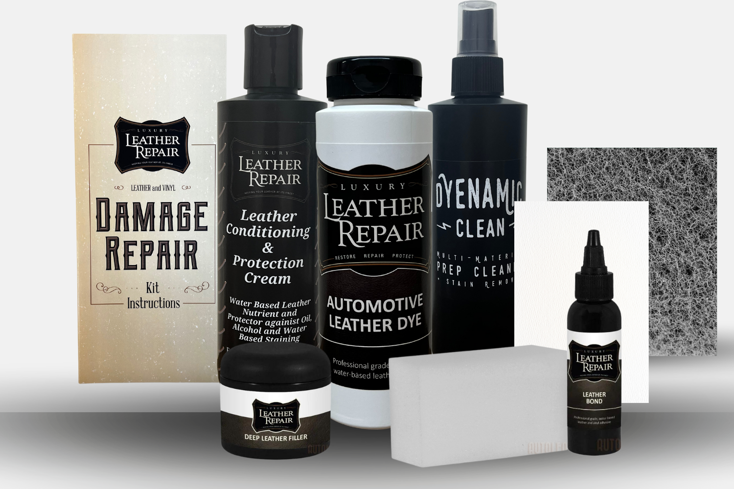 Auto Leather Dye Leather & Vinyl Damage Repair Kit showing repair tools and materials for fixing leather and vinyl surfaces.
