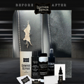 Auto Leather Dye Leather & Vinyl Damage Repair Kit showing repair tools and color bottles for leather and vinyl restoration.