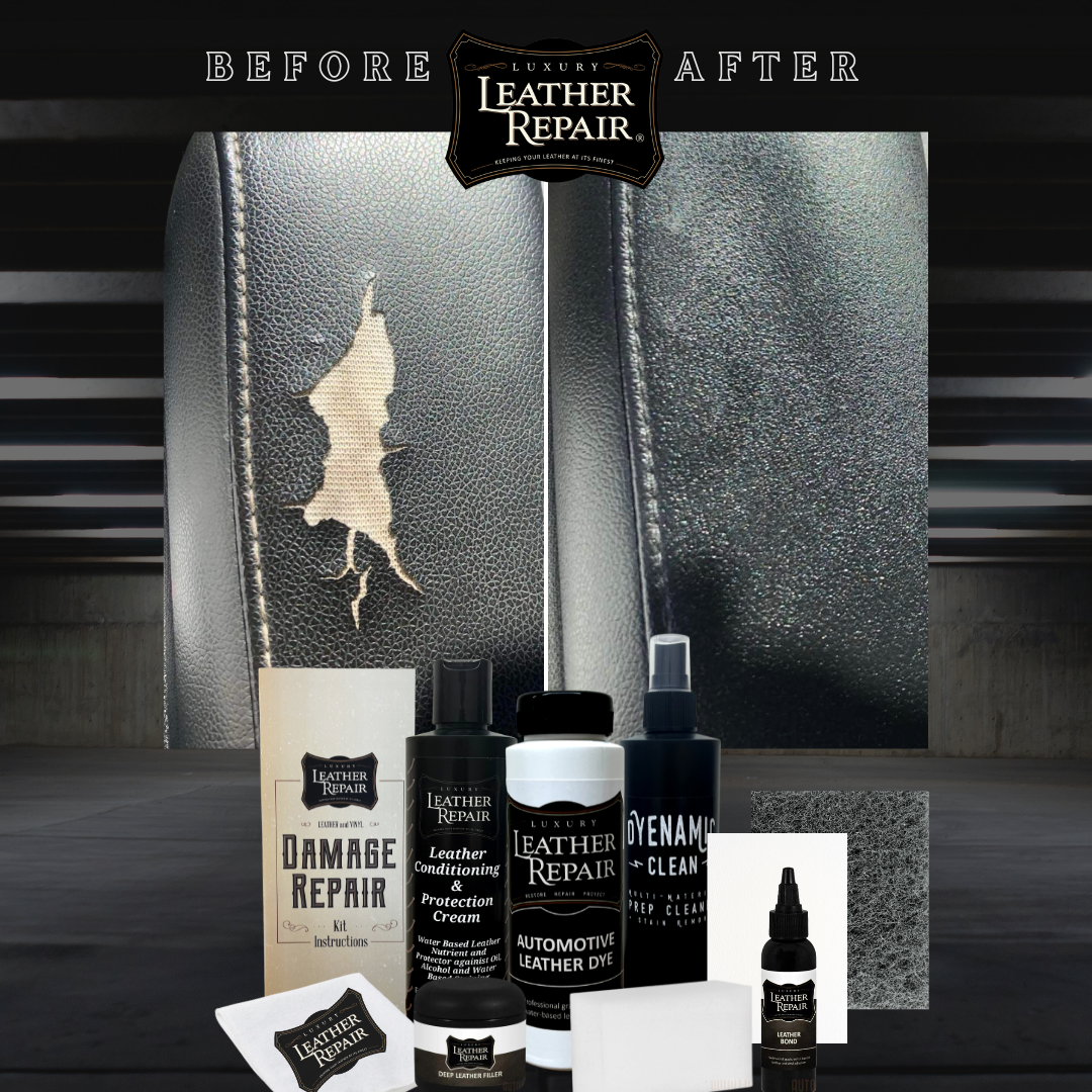 Auto Leather Dye Leather & Vinyl Damage Repair Kit showing repair tools and color bottles for leather and vinyl restoration.