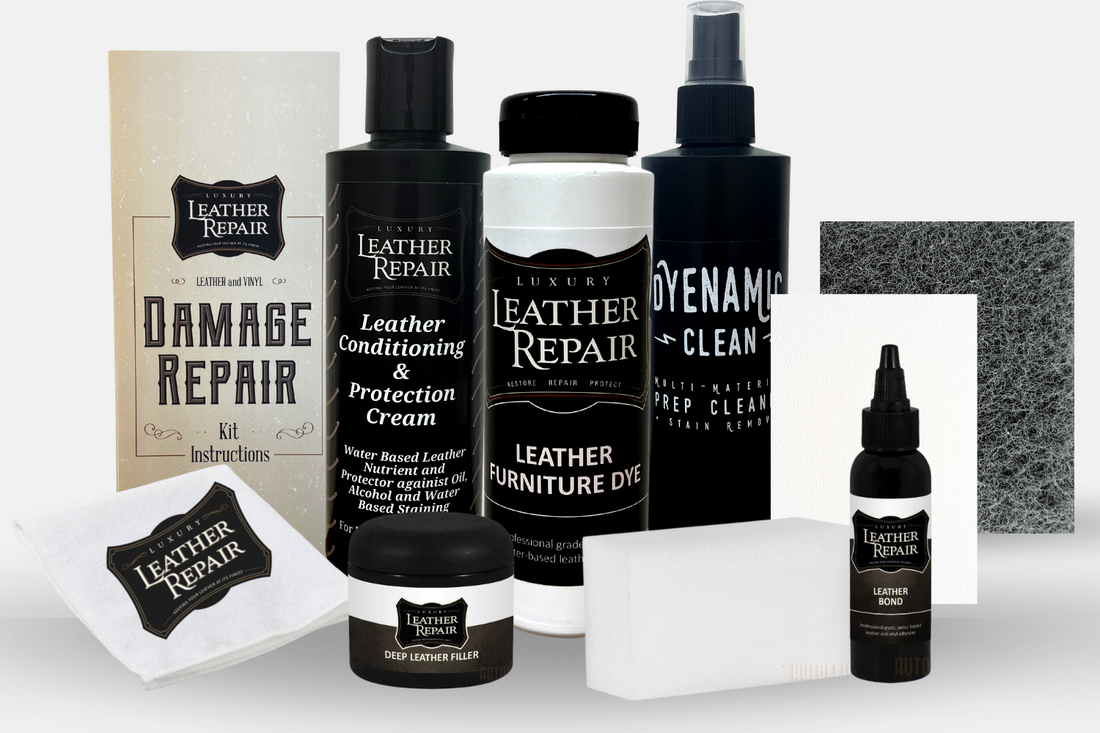 Auto Leather Dye leather and vinyl damage repair kit showing repair tools and materials for leather and vinyl surfaces.