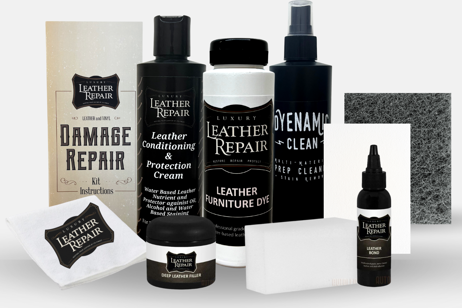 Auto Leather Dye leather and vinyl damage repair kit showing repair tools and materials for leather and vinyl surfaces.