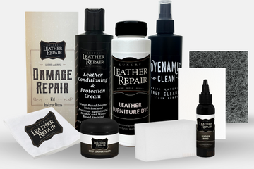Auto Leather Dye leather and vinyl damage repair kit showing repair tools and materials for leather and vinyl surfaces.