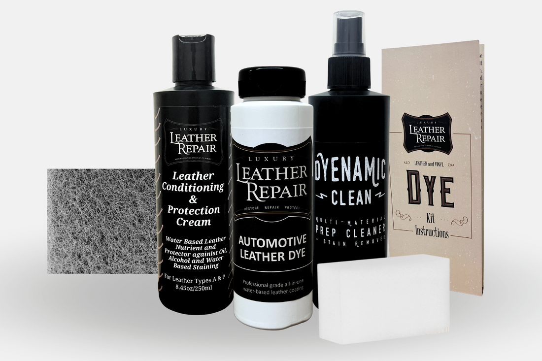 Auto Leather Dye leather and vinyl repair kit with dye bottles and applicators for restoring leather and vinyl surfaces.