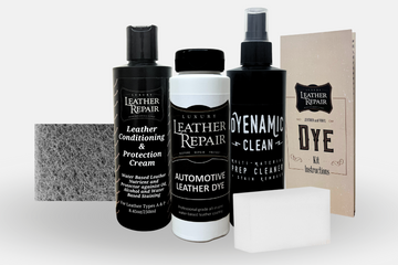 Auto Leather Dye leather and vinyl repair kit with dye bottles and applicators for restoring leather and vinyl surfaces.