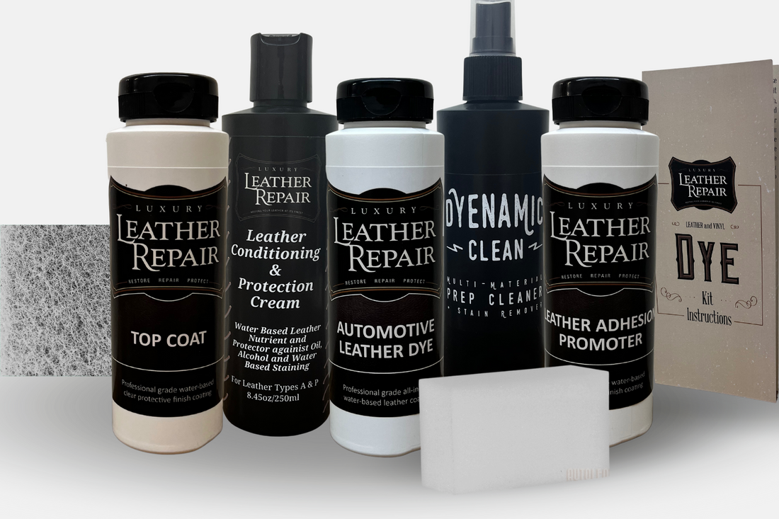 Auto Leather Dye leather and vinyl repair kit with dye bottles and applicators for color changes and repairs.
