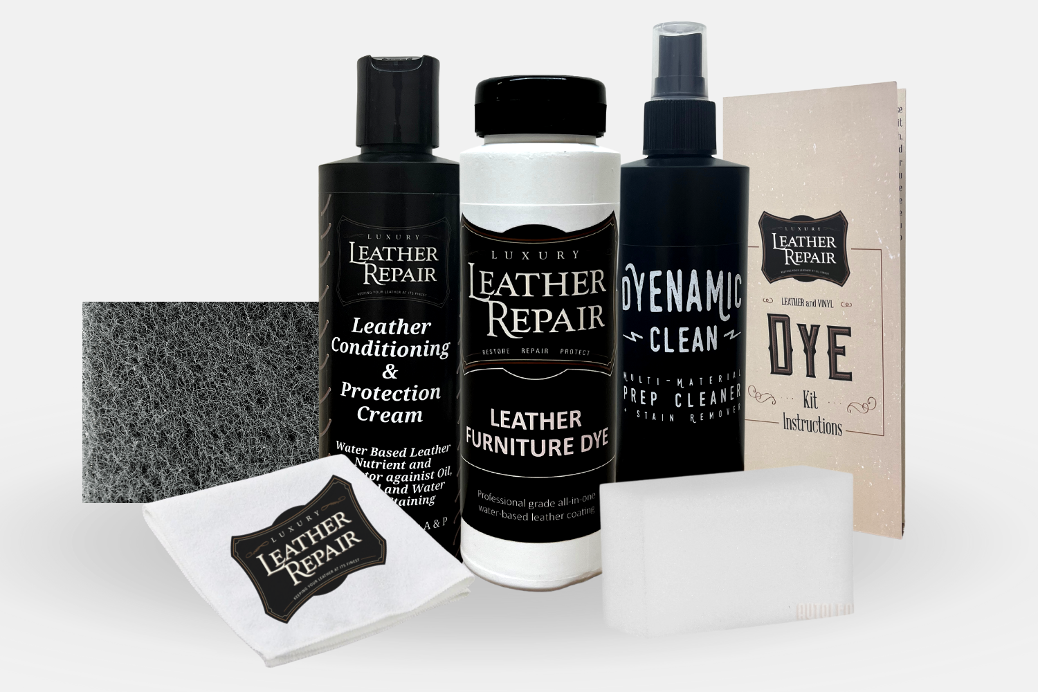 Auto Leather Dye Leather Repair Kit with leather and vinyl dyes for furniture restoration and color touch-up.