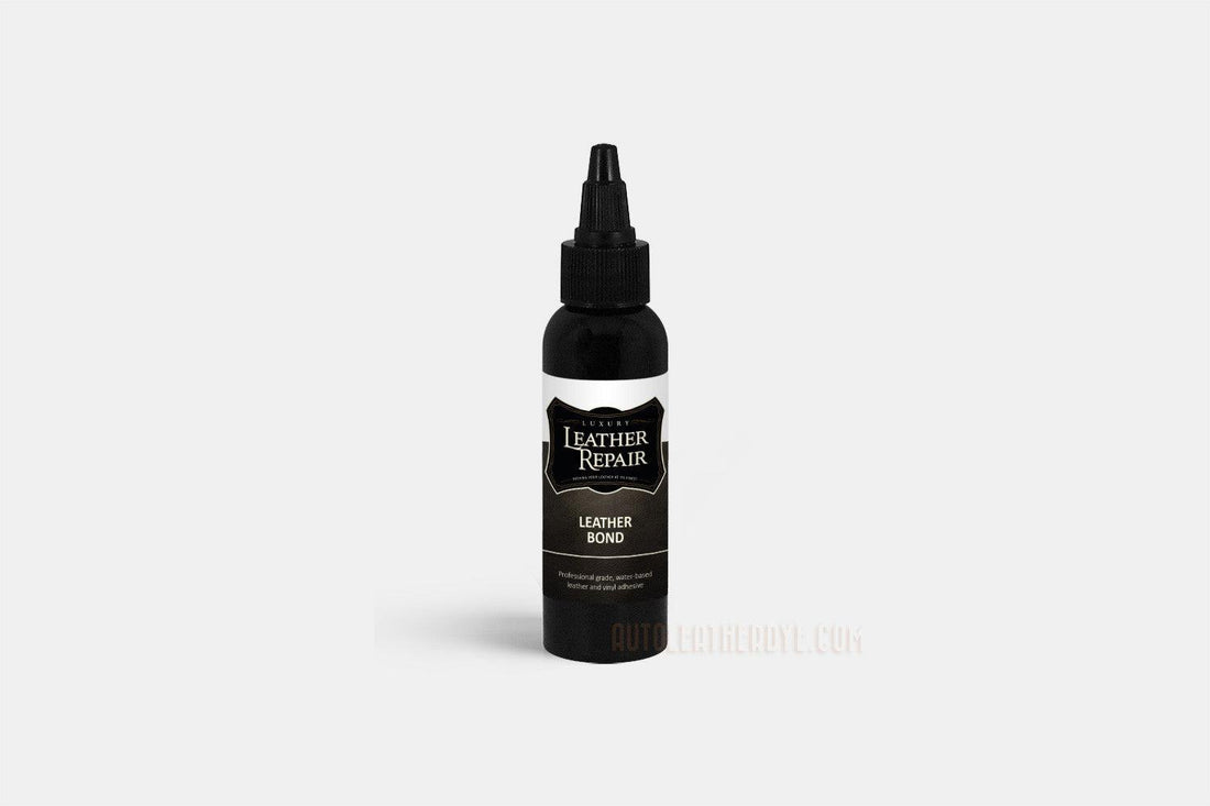 Auto Leather Dye Leather Bond repair adhesive in 2oz container, designed for repairing and bonding leather surfaces.