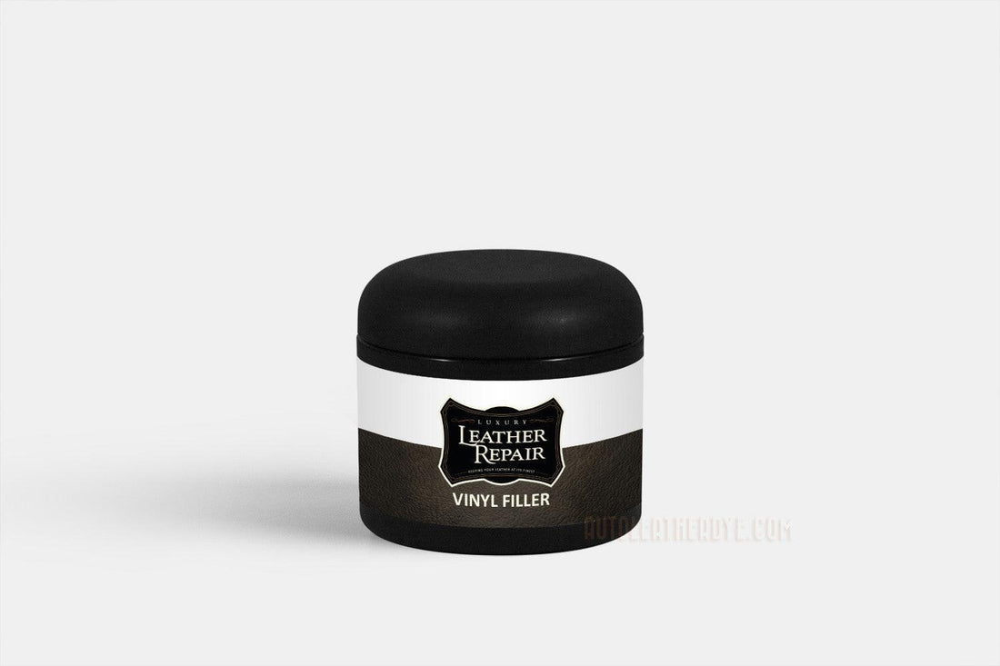 Auto Leather Dye vinyl filler for leather and vinyl repairs, heat-cured repair compound in 2oz container with applicator.