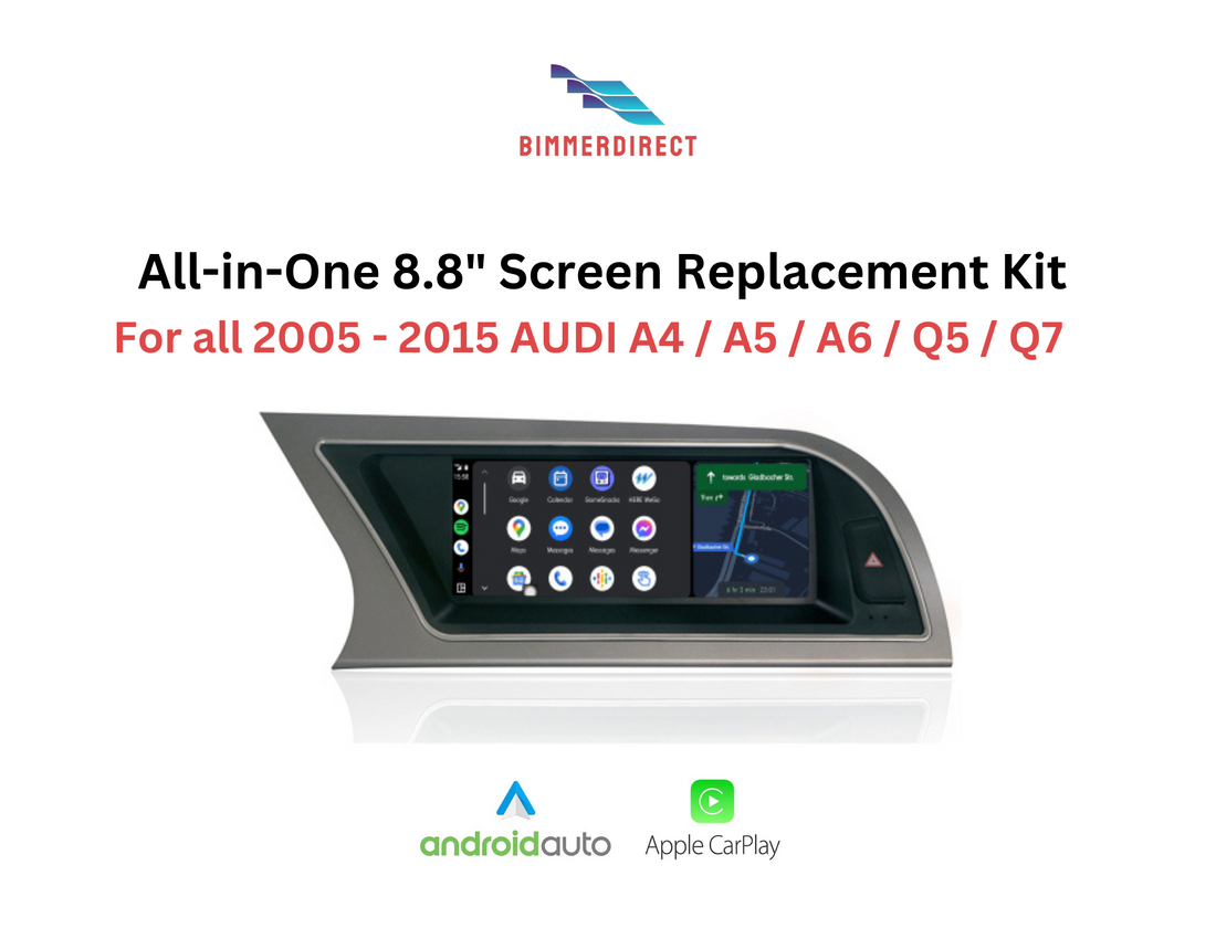 BimmerDirect Audi A4, A5, A6, Q5, Q7 all-in-one CarPlay navigation and stereo kit with Android Auto functionality.