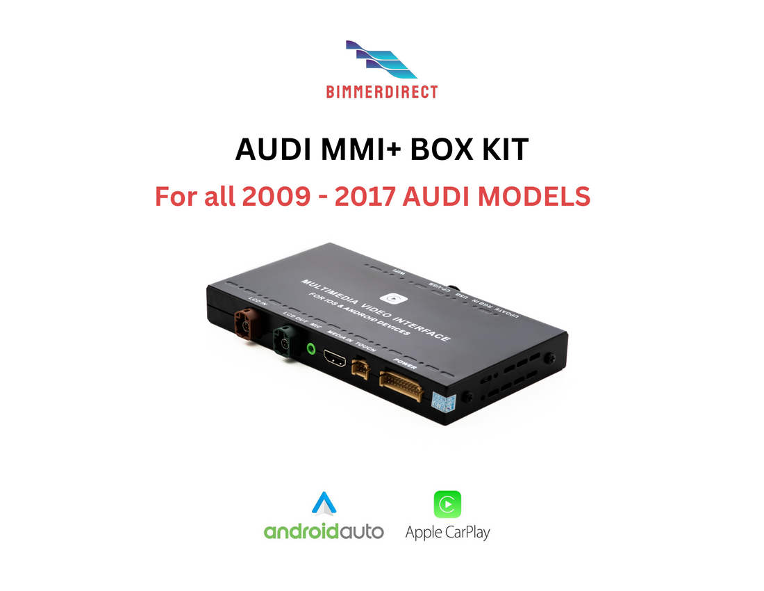Audi MMI+ Box for all models, navigation and stereo upgrade by BimmerDirect, shown with connection ports and sleek design.