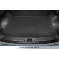 Black custom-fit cargo liner inside car trunk, durable protective mat, Smartliner logo visible