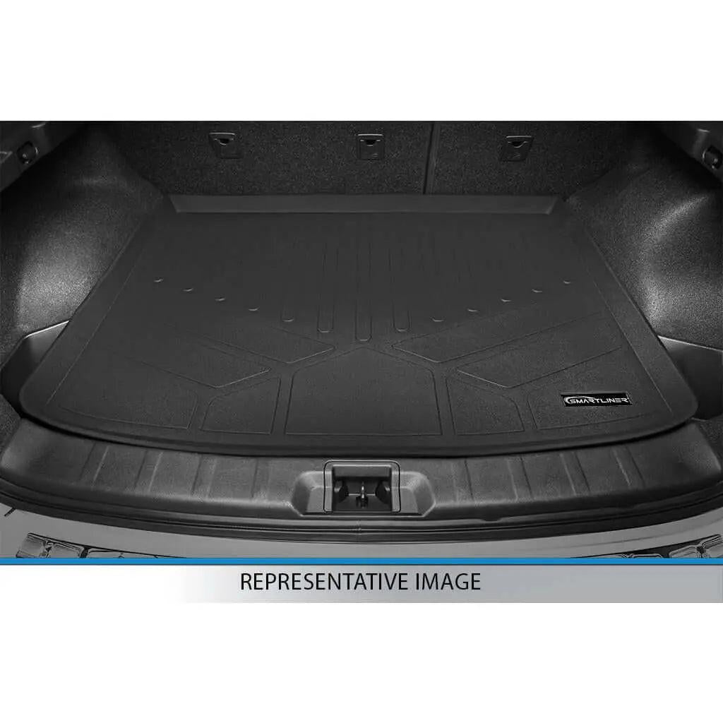 Black custom-fit cargo liner inside car trunk, durable protective mat, Smartliner logo visible